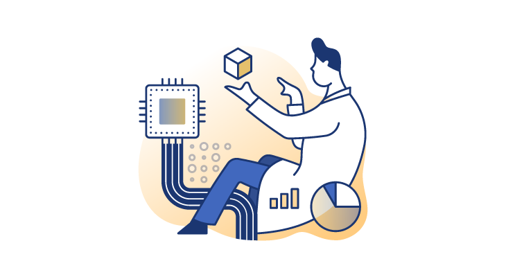 man in lab coat playing with cube representing data science 