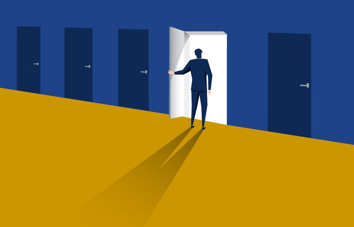 Man choosing a door of opportunity to entrepreneurship 