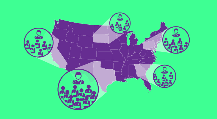 Illustration showing a single nurse for a number of patients in specific states on a U.S. map.