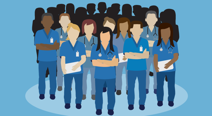Illustration of nurse team standing in support of one another.