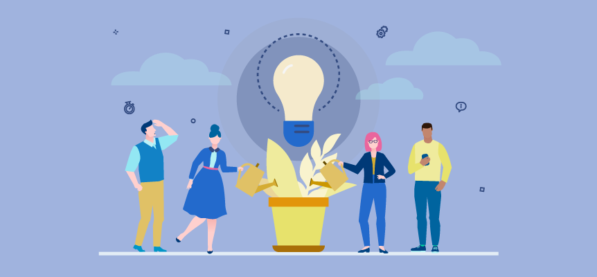 Illustration of office workers watering a plant with a larger-than-life lightbulb growing out of it representing company core values.