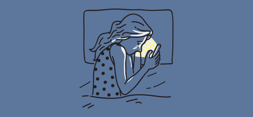 Illustration of a person laying in bed with their phone shining on their concerned face.